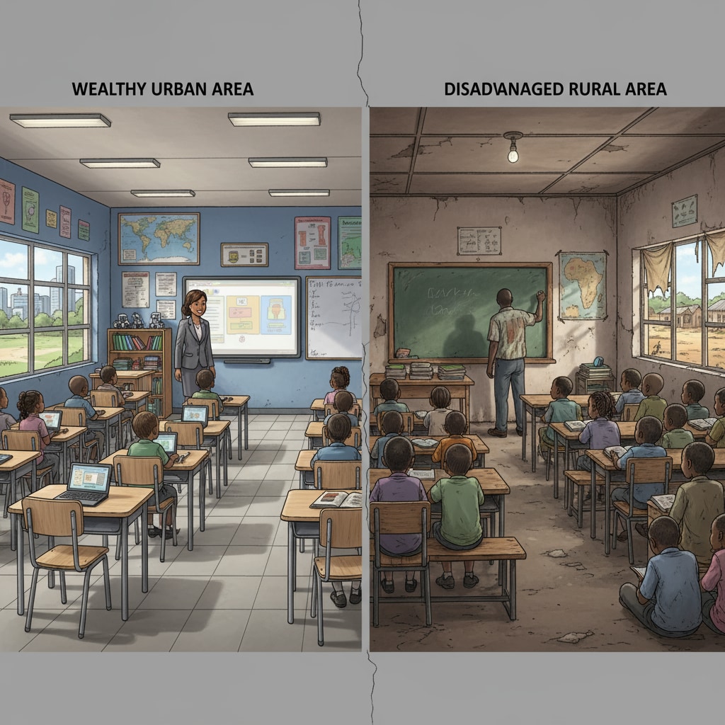 This image shows a side-by-side comparison of a modern, well-equipped classroom in a wealthy area of South Africa with a simple, poorly furnished classroom in a disadvantaged area. The contrast highlights the educational inequality in terms of infrastructure. Educational inequality in South Africa - contrast between classrooms in wealthy and disadvantaged areas