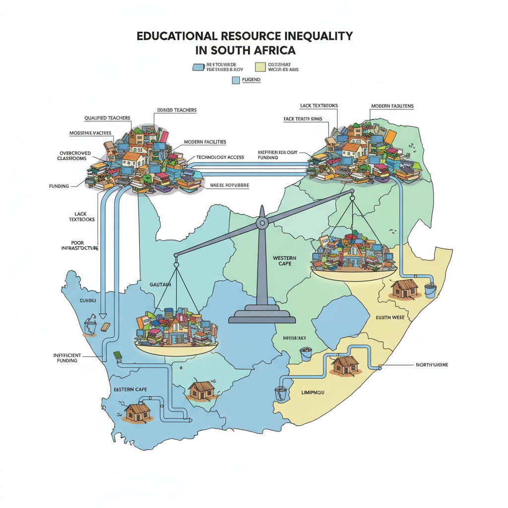 A graphical representation of how educational resources are unevenly distributed in South Africa, with larger portions going to certain regions while others receive very little. Unequal resource allocation in South Africa's education system