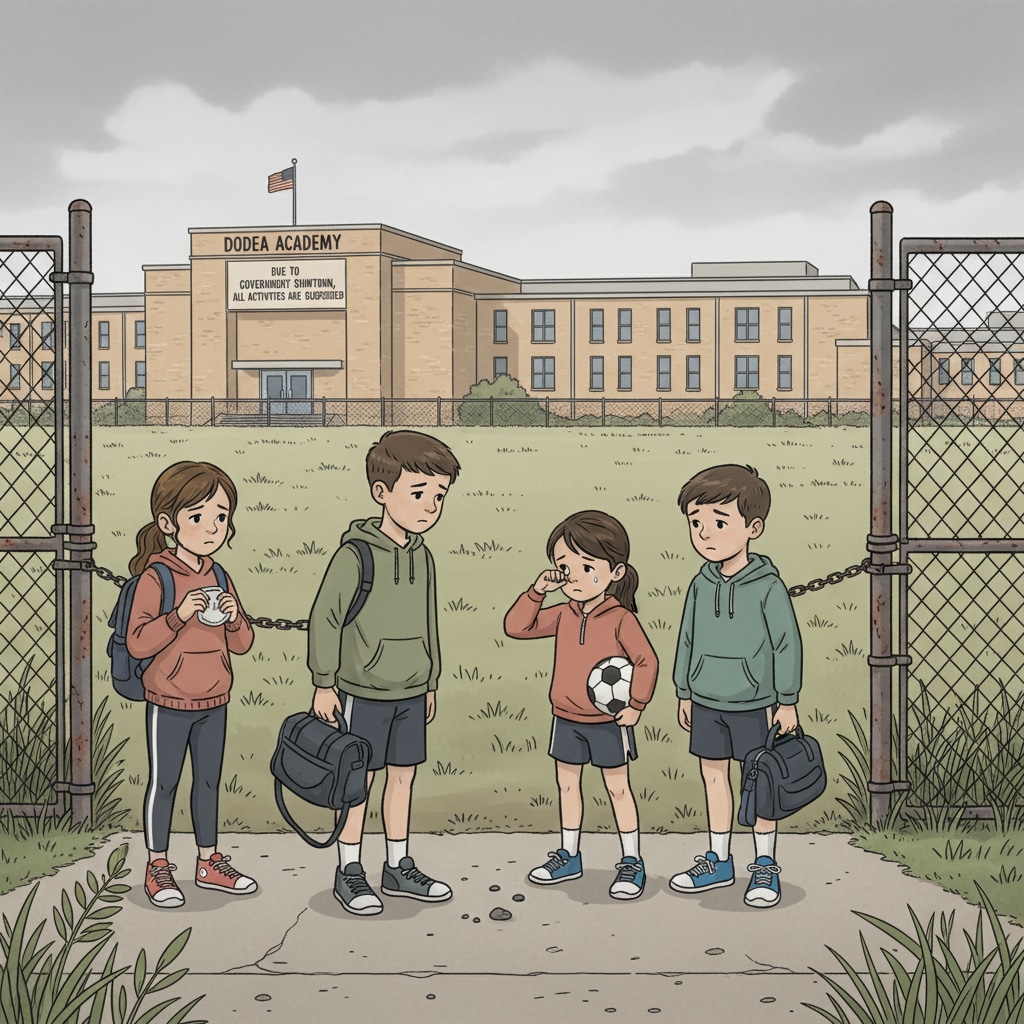 A group of military children are looking disappointed as they stand near an empty sports field in front of a DODEA school during the government shutdown. The field is deserted, and the children's expressions show their sadness about the suspension of sports activities. Military children disappointed due to the suspension of sports activities in DODEA schools during government shutdown