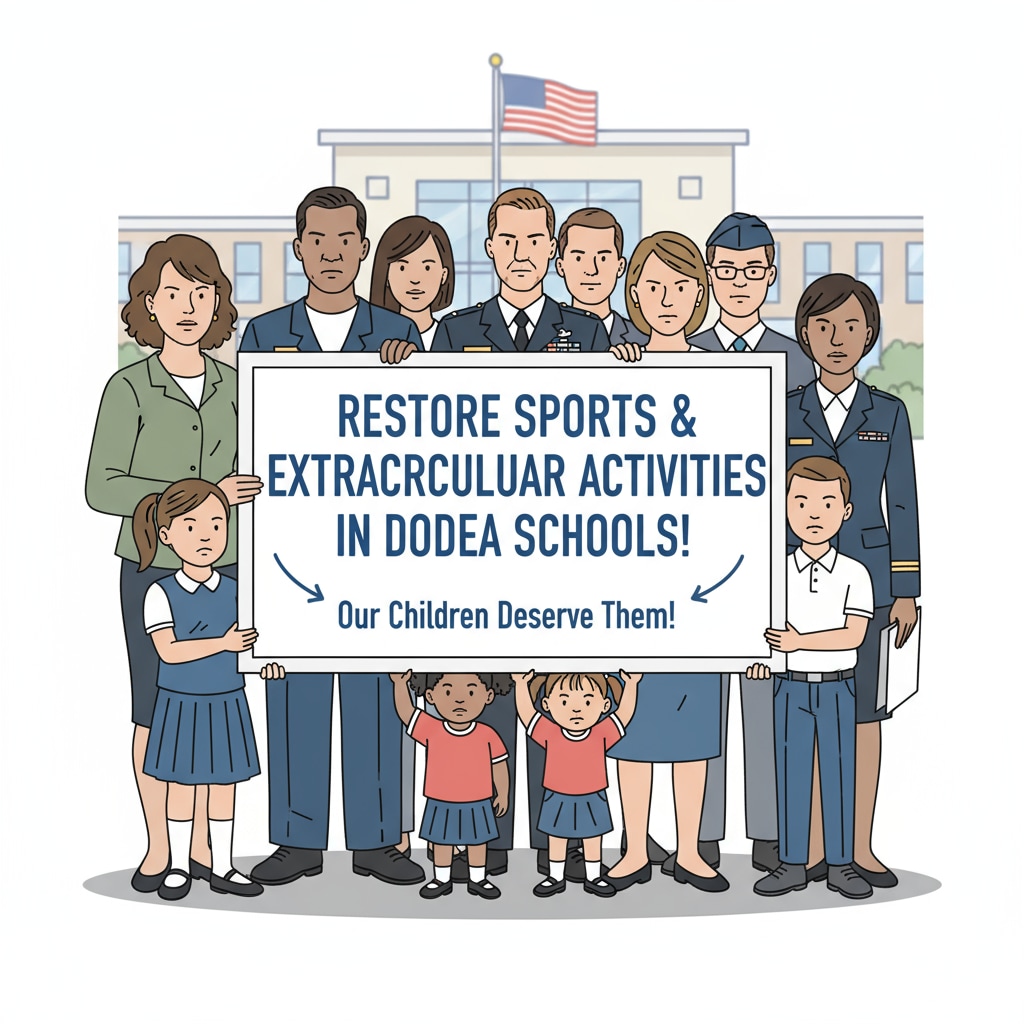 Parents and military children are holding a petition sign asking for the restoration of sports and extracurricular activities in DODEA schools. The sign has a clear message, and their determined expressions show their commitment to getting these activities back. Parents and military children petitioning for the restoration of sports and extracurriculars in DODEA schools