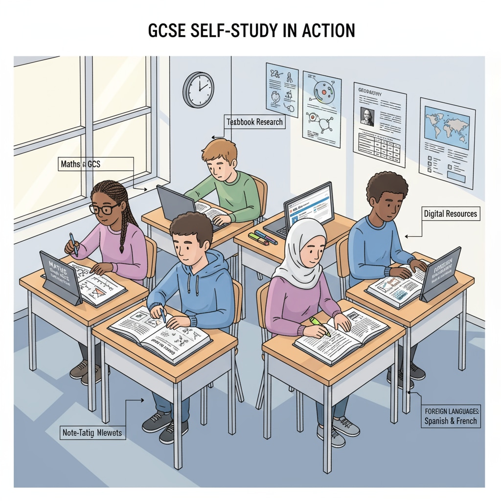 A group of teenagers are sitting at desks, looking intently at books and online materials that are relevant to self-study for GCSE courses. They seem focused on learning different subjects. Teenagers using self-study resources for GCSE courses to overcome education deprivation