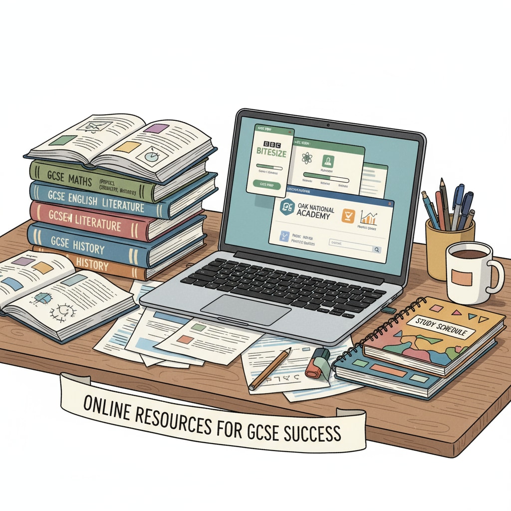 A table is filled with textbooks and a laptop. The laptop screen shows various online self-study platforms specifically designed for GCSE courses. Self-study resources for GCSE courses to help teenagers with education deprivation