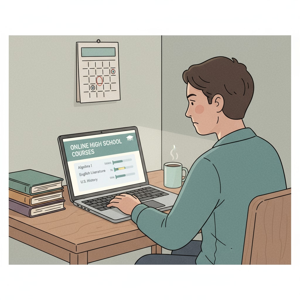 A low-income adult is sitting at a desk, concentrating on the laptop screen where online high school courses are displayed. A low-income adult studying online high school courses