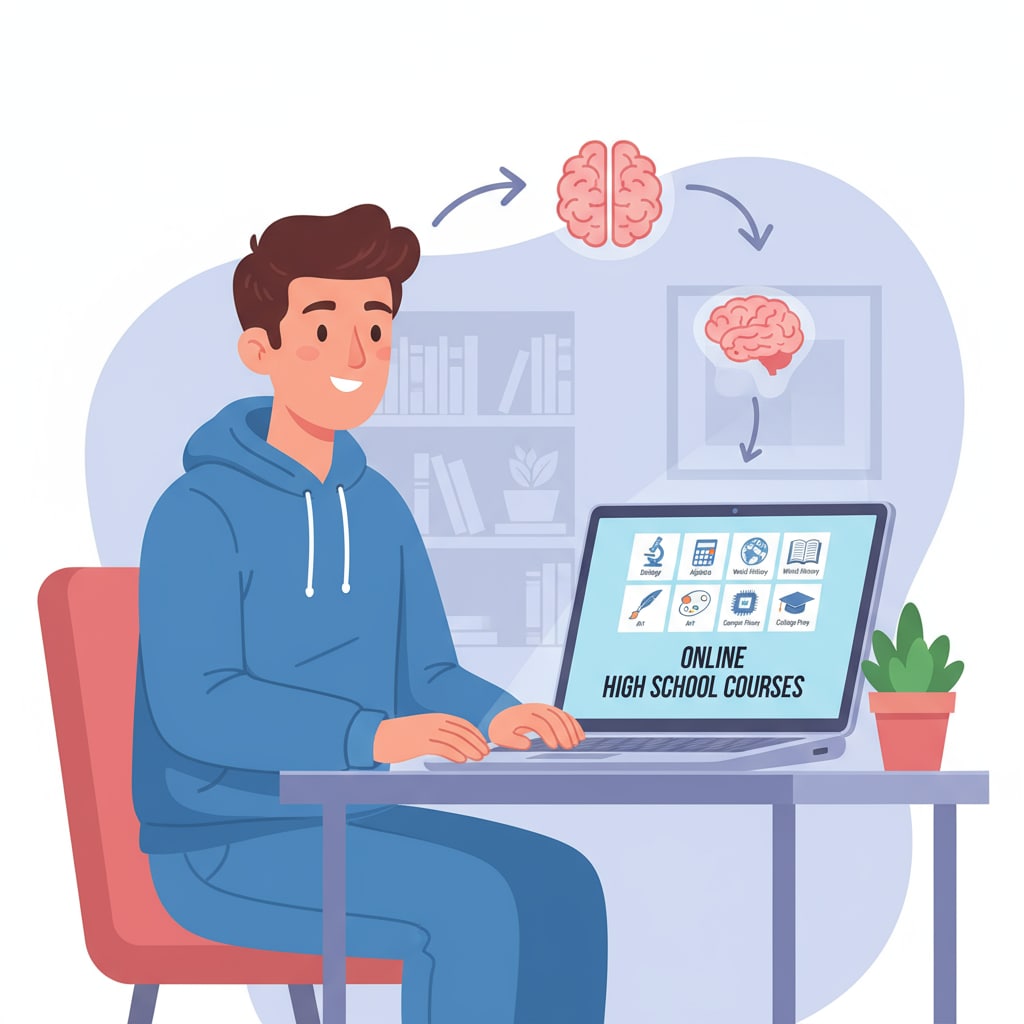 A person is depicted using a laptop, with various icons of online high school courses on the screen. A person accessing online high school courses