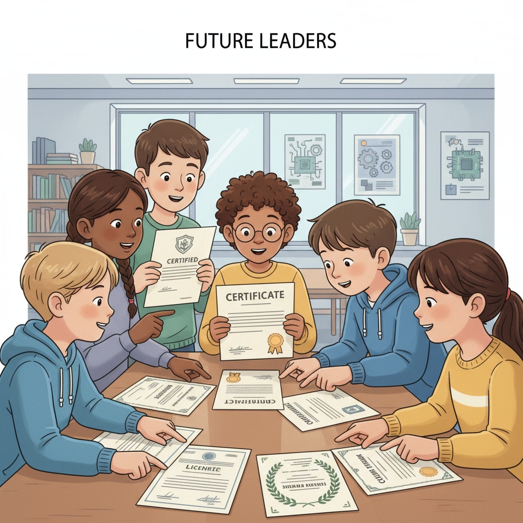 A group of K12 students are gathered around a table, looking at different professional certificates with curiosity on their faces. K12 students exploring professional certificates related to employment value and educational investment