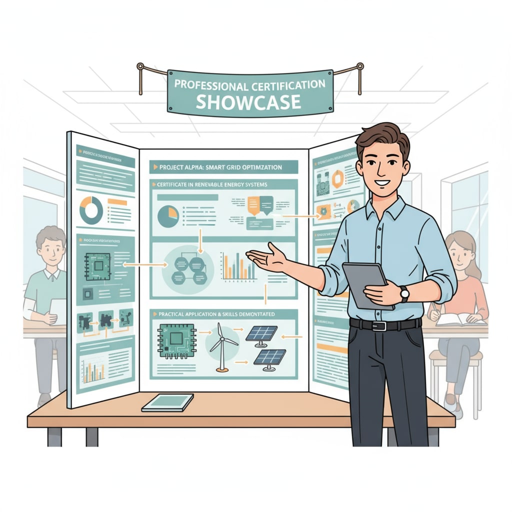 A student is standing in front of a display board, presenting a project that they completed as part of their professional certificate program, showing practical skills gained. Student presenting project related to professional certificate for employment value and educational investment