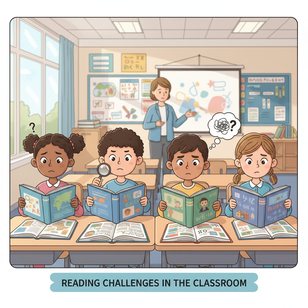 A classroom scene where students are having a hard time reading educational materials, indicating low reading ability. Students with low reading ability in a classroom related to literacy and democracy