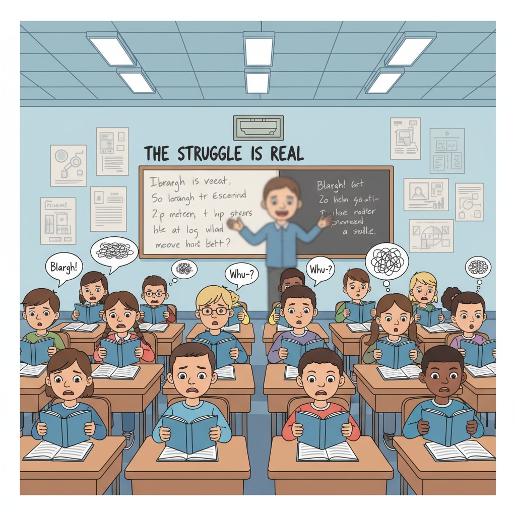 Young students sitting at their desks, showing signs of confusion while reading, highlighting the impact of poor literacy on K12 students. K12 students struggling with reading, related to literacy, democracy and reading ability