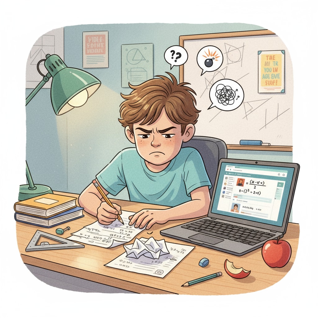 A student is sitting at a desk, looking frustrated while trying to solve math problems on a Chromebook. A student struggling with math on a Chromebook