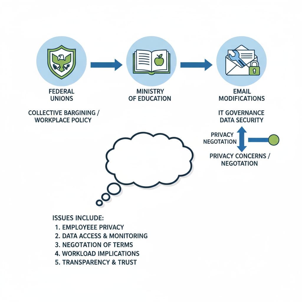 A graphic showing the connection between federal unions, the Ministry of Education, and the issues related to email modifications. Representation of the relationship between federal unions, Ministry of Education, and email modification issues