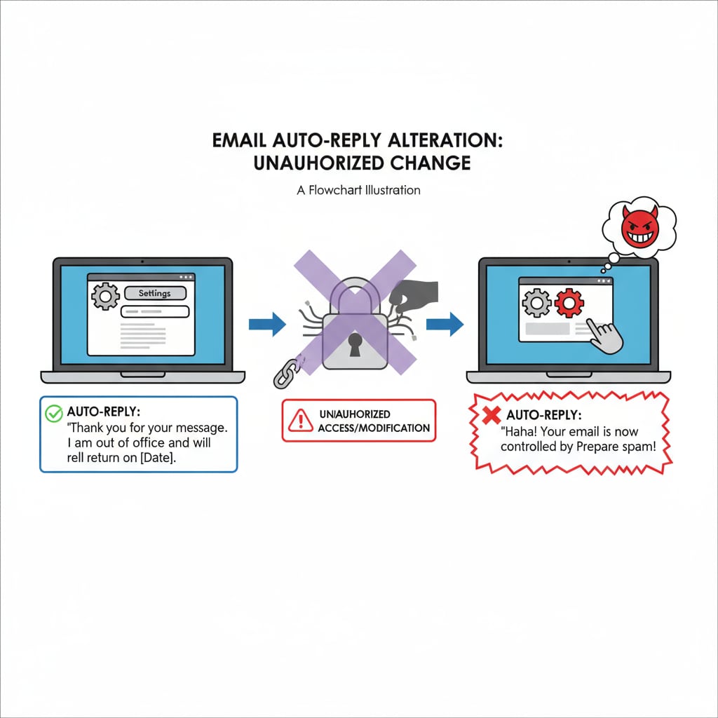 A visual representation of how email auto-replies were altered without proper authorization. Visual illustration of unauthorized email auto-reply changes