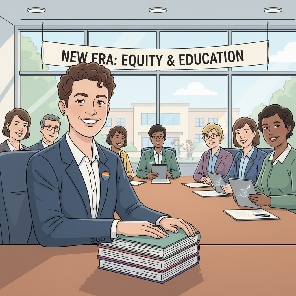 An LGBTQ+ school board member is sitting at a meeting table, smiling confidently, representing the new force in school board leadership for inclusive education. An LGBTQ+ school board member at a meeting, working towards inclusive education against far - right opposition