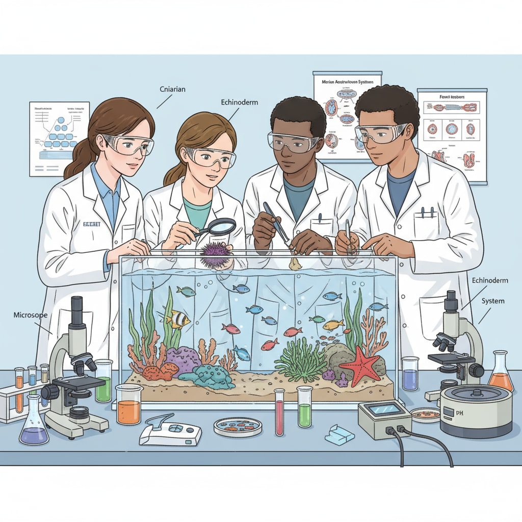 A group of students is carefully observing marine organisms in a laboratory setting, with various scientific instruments around them. Students with non-science backgrounds exploring marine biology in a laboratory