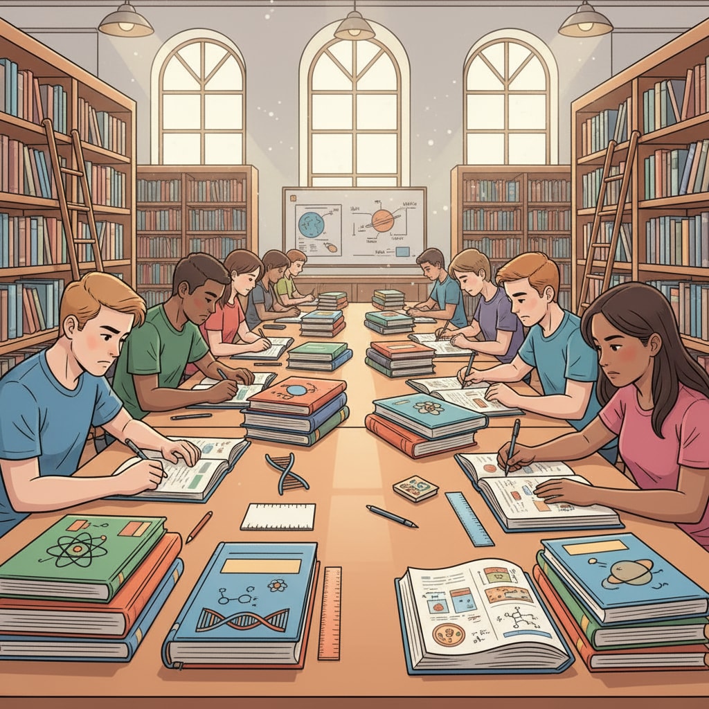Students are sitting at tables in a library, surrounded by textbooks related to science, concentrating on their studies. Students without science backgrounds studying for marine biology and environmental science degrees in a library