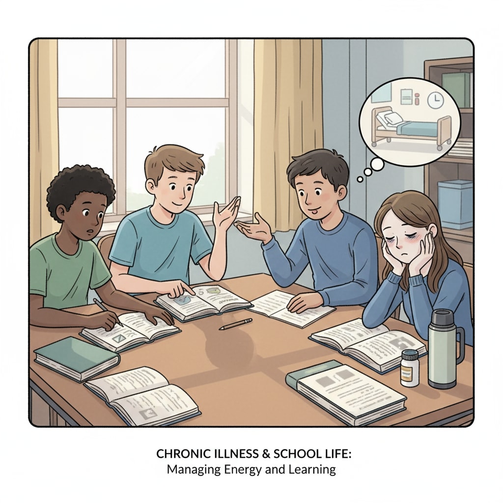 A group of high school students are studying together in a classroom. One of the students looks a bit tired because of a chronic illness. This represents how chronic diseases can affect a student's daily school life. High school students studying with one affected by chronic illness