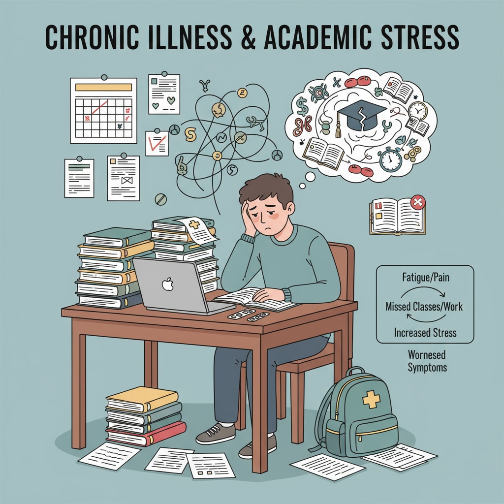 A student with a chronic illness is sitting at a desk, surrounded by school books and looking overwhelmed. This shows the stress that chronic diseases can bring to a student's academic pursuits. Student with chronic illness overwhelmed with schoolwork