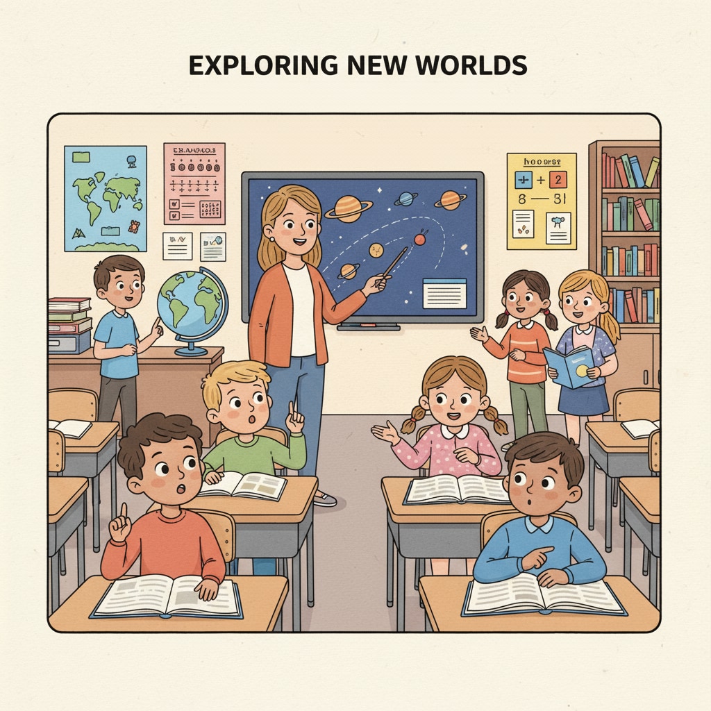 A group of children in a classroom setting, showing different expressions of curiosity and engagement. Some are looking at the teacher, some are discussing with classmates, and all seem actively involved in the learning process. Gifted children in a classroom environment during an educational transition, including twice-exceptional (2e) kids.