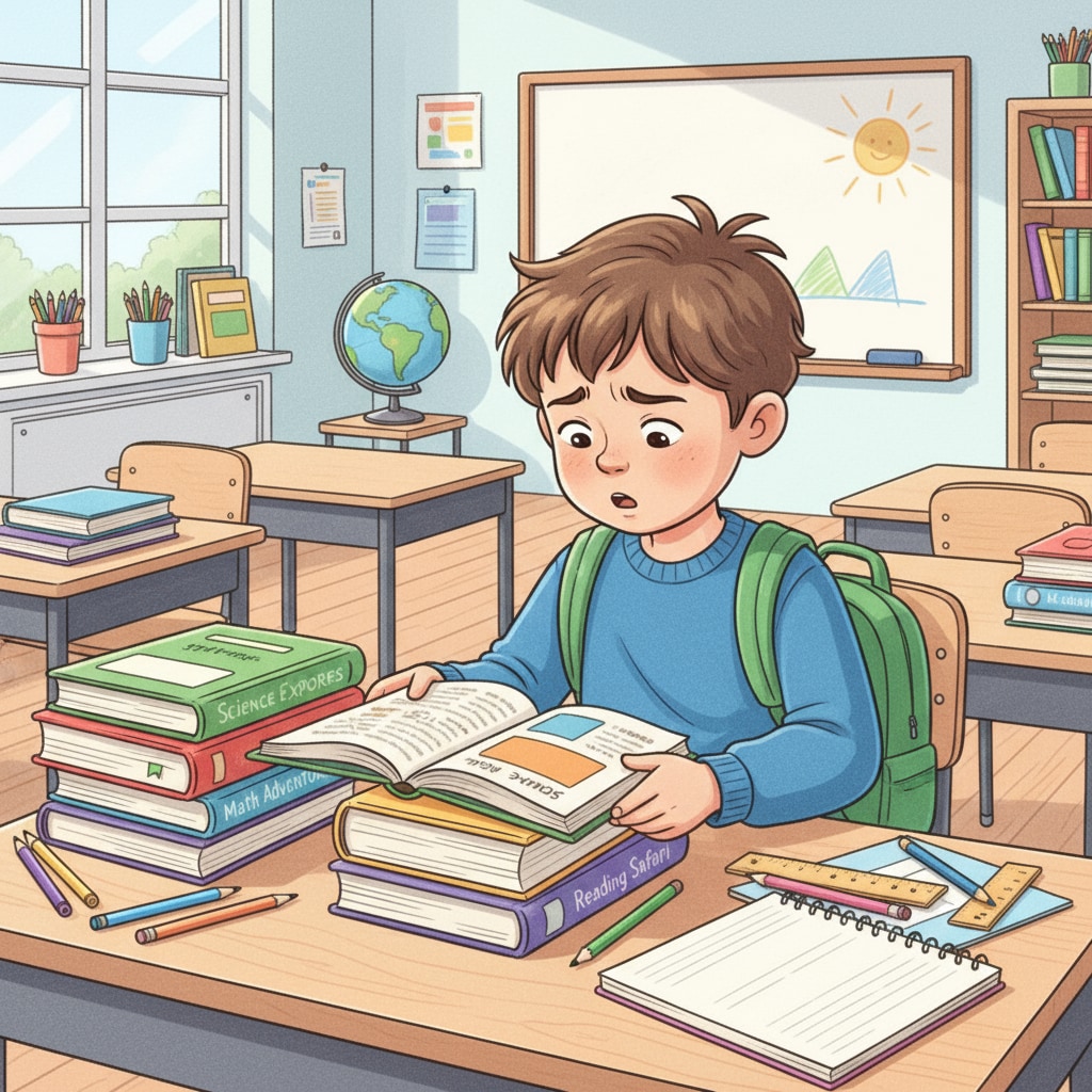 A child sitting at a desk, looking a bit confused in a new classroom. The child is surrounded by new books and materials, and has a slightly puzzled expression on their face. A gifted child, potentially twice-exceptional (2e), showing signs of confusion during the educational environment transition.