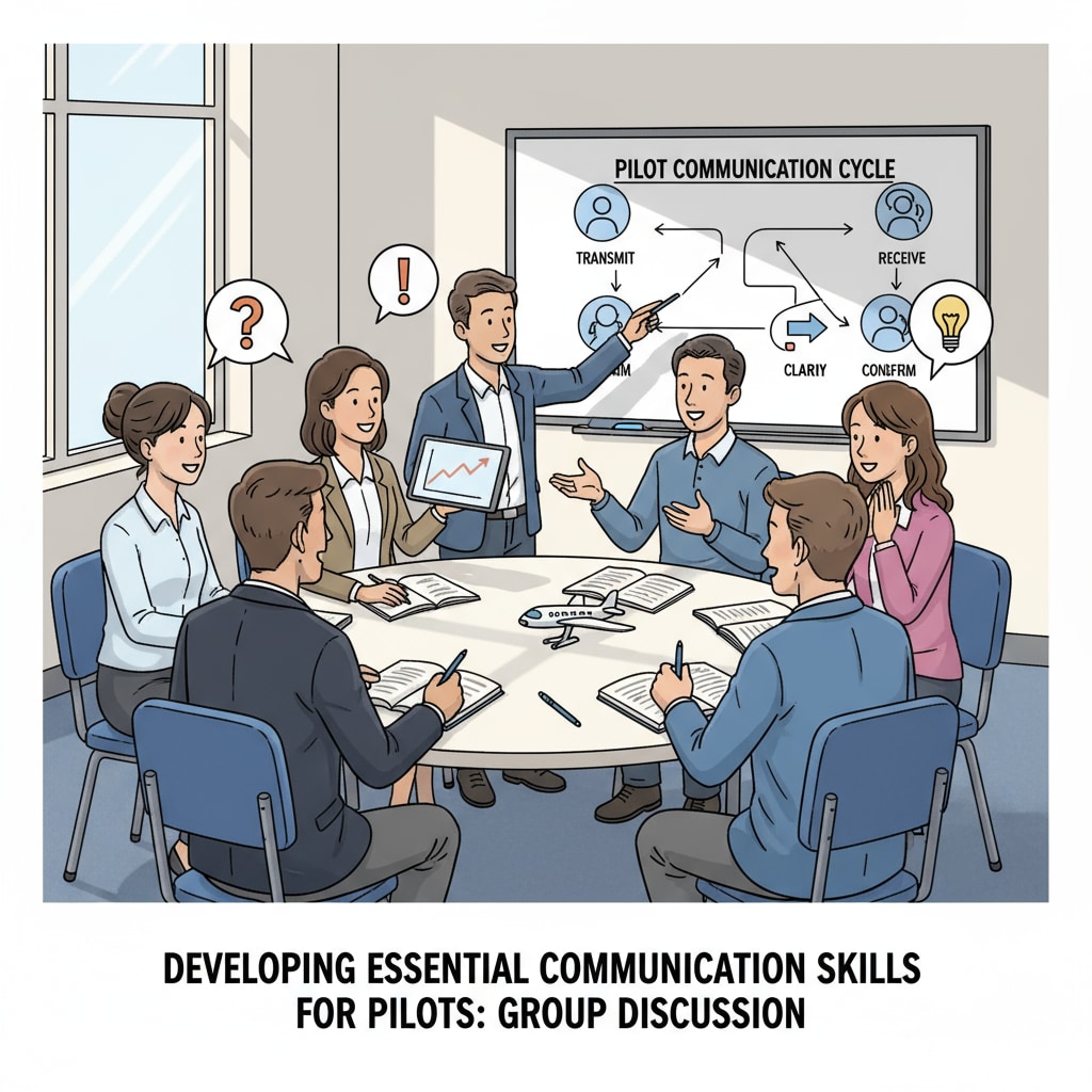 Students are engaged in a group discussion, actively sharing their ideas and listening to others, which is an important way to practice communication skills relevant to pilots. Students practicing communication skills, an essential part of pilot skills along with decision - making and situation awareness