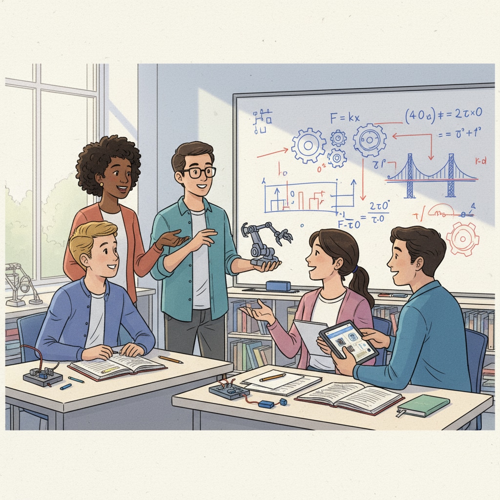 Software engineering students discussing potential transition to hard science fields in a classroom