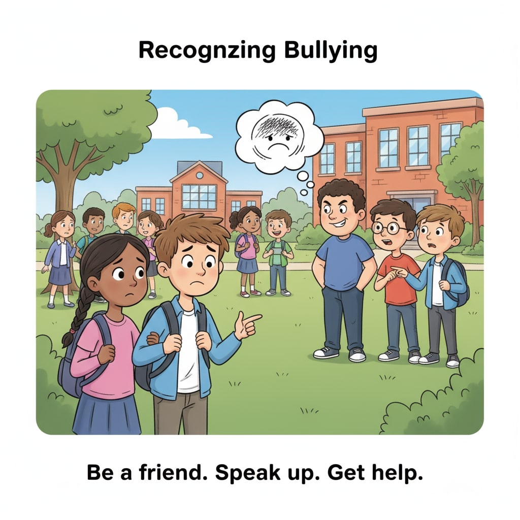 A group of students in a schoolyard, some showing signs of concern which might be related to bullying. Students in schoolyard worried about bullying with inactive management and parents' need to intervene