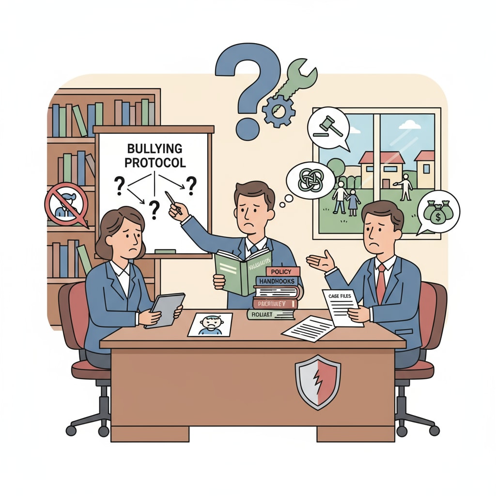 An office scene where school administrators seem to be in a dilemma about handling bullying cases. School administrators facing challenges in dealing with bullying, highlighting the need for parent intervention