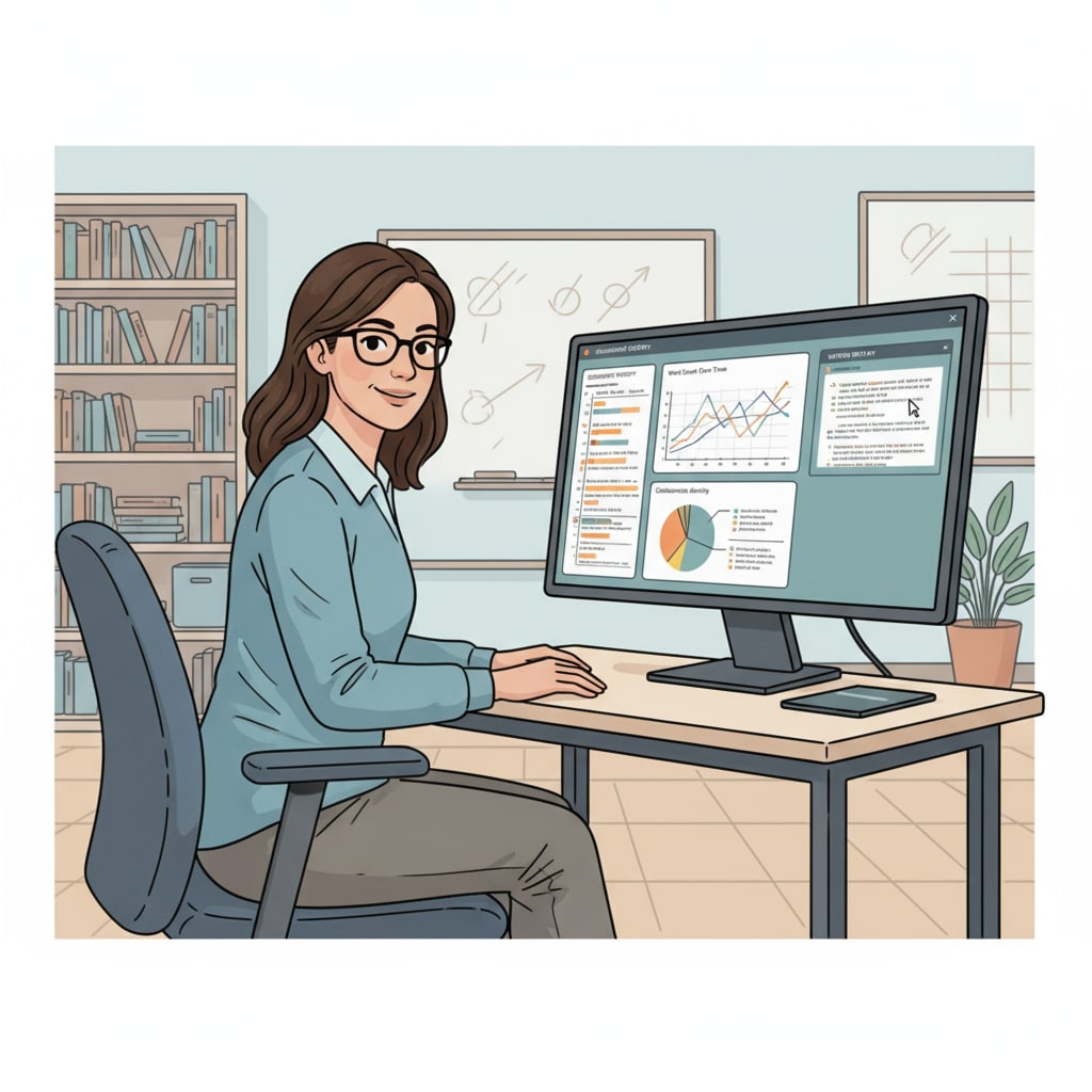 A teacher is sitting in front of a computer screen, carefully examining the document history replay of students' writing, with graphs and timelines visible on the screen. A teacher using document history replay for teaching evaluation related to students' writing and plagiarism detection
