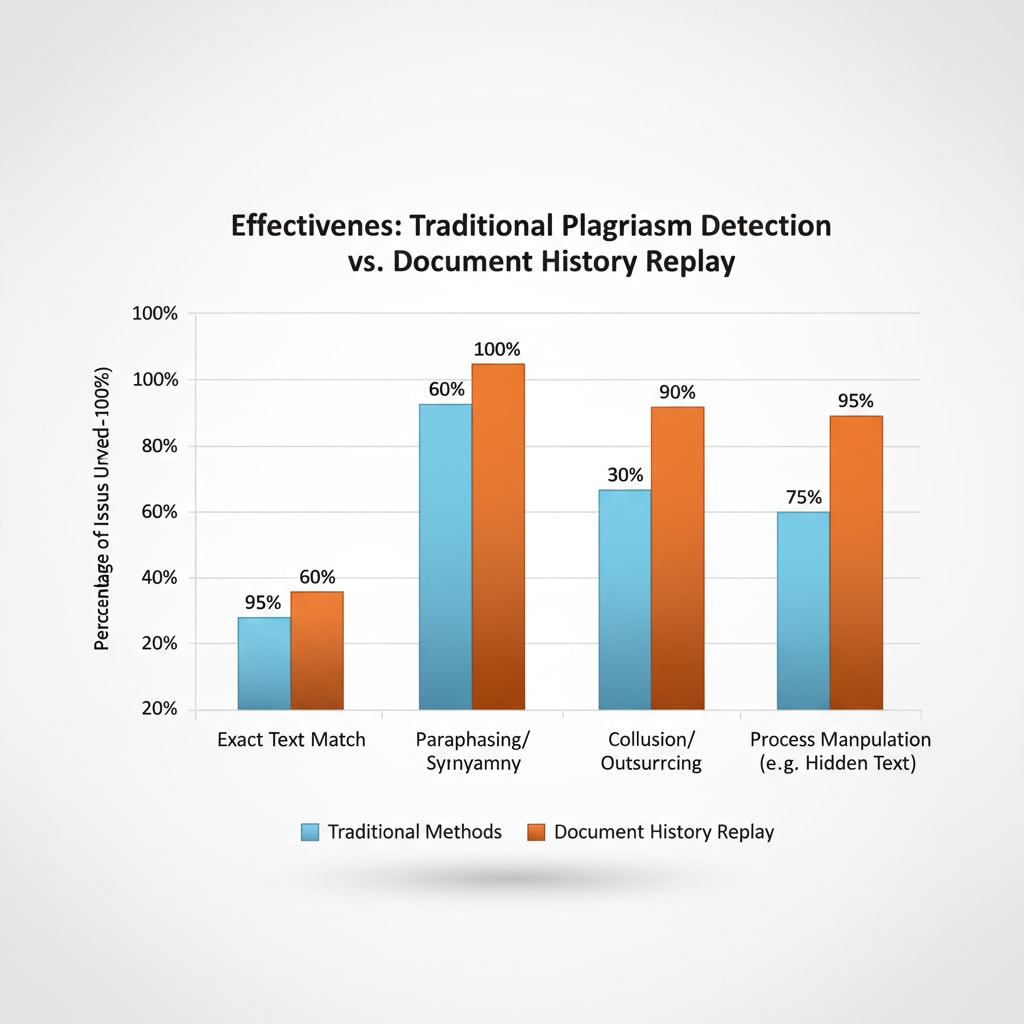 A bar graph comparing the effectiveness of traditional plagiarism detection methods and document history replay in terms of uncovering different types of issues in students' writing. Graph showing the limitations of traditional plagiarism detection compared to document history replay for teaching evaluation