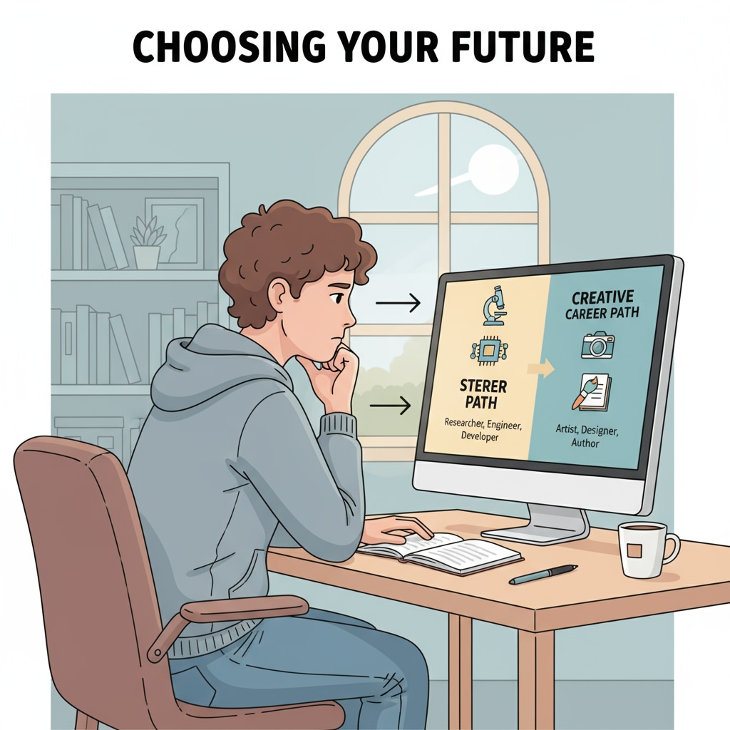 A person is sitting at a desk, intently looking at two educational career path options displayed on a computer screen, with a thoughtful expression on their face. A person considering career options between school psychology and educational administration