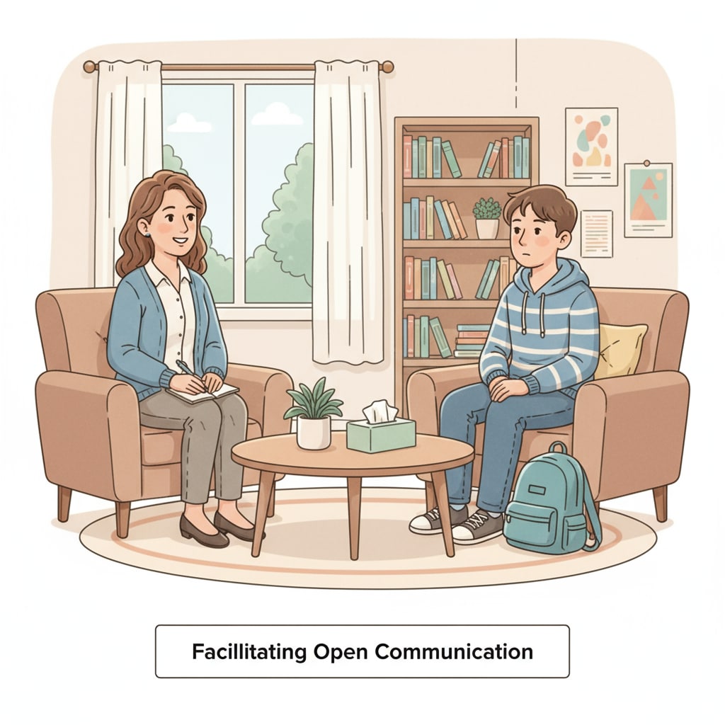 A school psychologist is engaged in a conversation with a student in a cozy counseling room, creating a warm and supportive atmosphere. A school psychologist counseling a student as part of educational career choices