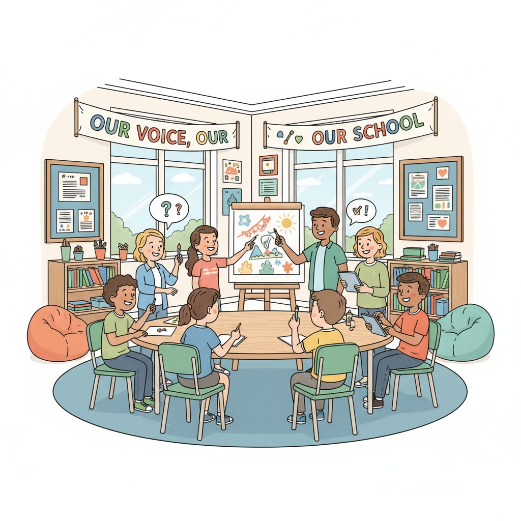 A group of students and teachers are engaged in a collaborative activity in a democratic school setting, with an open and inclusive atmosphere. Students and teachers collaborating in a democratic school environment related to unconventional school leadership