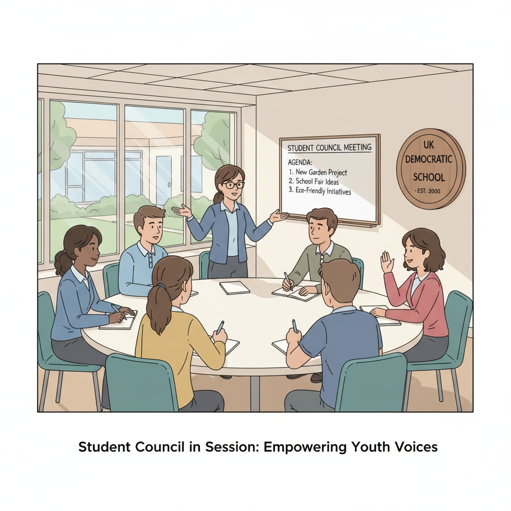 Students in a UK democratic school are having a serious discussion during a student council meeting, with some writing down ideas and others expressing their opinions. Students in a UK democratic school discussing school policies in a student council meeting for non - traditional school leadership