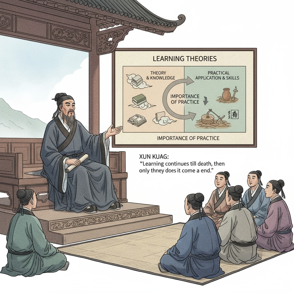 This image depicts the ancient Chinese philosopher Xun Kuang engaged in a discussion about learning concepts, emphasizing the importance of practical learning in the context of learning theories. Ancient Chinese philosopher Xun Kuang discussing learning theories related to hands-on learning and sensory engagement
