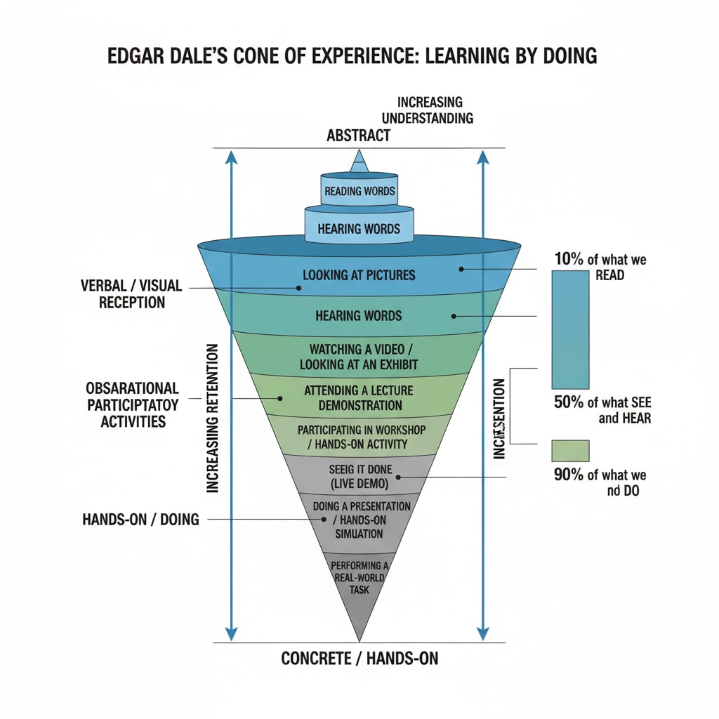 A visual representation of Edgar Dale's Cone of Experience, showing different levels of learning experiences from concrete to abstract, which is relevant to learning theories and hands-on learning. Visual illustration of Edgar Dale's Cone of Experience highlighting learning theories, hands-on learning, and sensory engagement