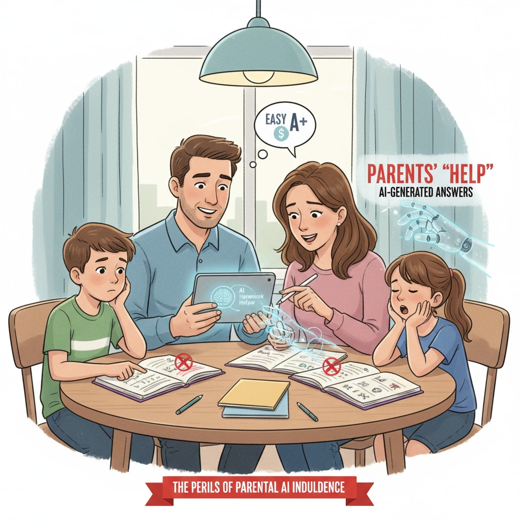 A scene where parents are using AI on a device to help their children with homework, highlighting the problem of parental indulgence in AI cheating. Parents using AI to assist children with homework, related to AI cheating, parental indulgence, and writing anxiety
