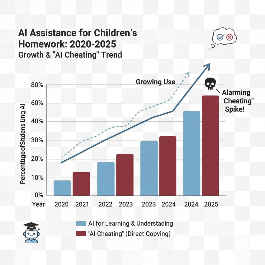 A bar graph presenting the growth in the use of AI for helping children with homework over a period, emphasizing the trend of AI cheating. Graph showing the increasing use of AI in children's homework, associated with AI cheating, parental indulgence, and writing anxiety