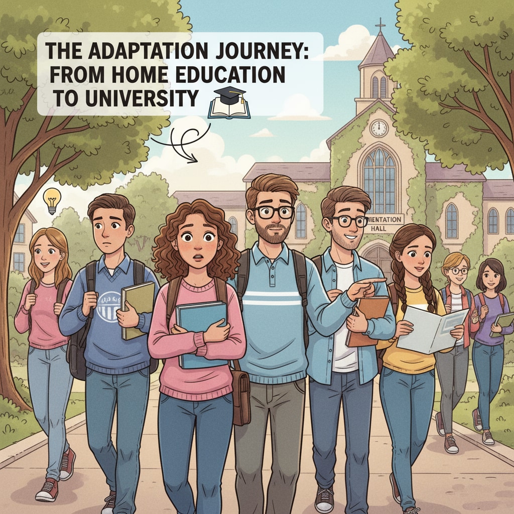 A group of home-schooled students walking onto a university campus, looking a bit nervous but excited. This represents the start of their adaptation journey from home education to university. Home-schooled students starting their university adaptation journey.