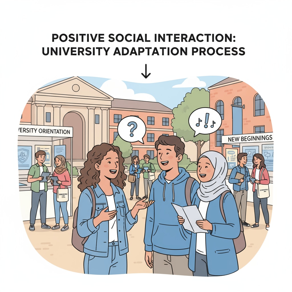 Students chatting and laughing during a university orientation event, showing a positive social interaction during the adaptation process. Students engaging in social activities during university adaptation.