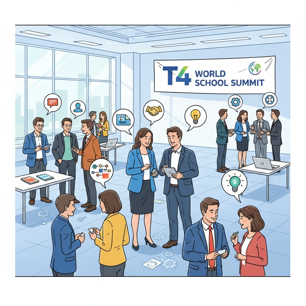 A group of people networking at the T4 World School Summit, engaged in conversations and exchanges. People networking at the T4 World School Summit related to educational nonprofits, donor relations, and Middle Eastern cultural etiquette