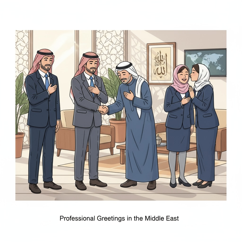 People greeting each other in a Middle Eastern business setting, showing proper cultural etiquette. People greeting in a Middle Eastern business setting relevant to educational nonprofits, T4 World School Summit, and donor relations