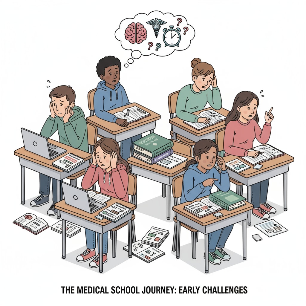A group of high school students sitting at desks, looking worried while studying for medical school entrance exams High school students experiencing study anxiety while preparing for medical school entrance exams