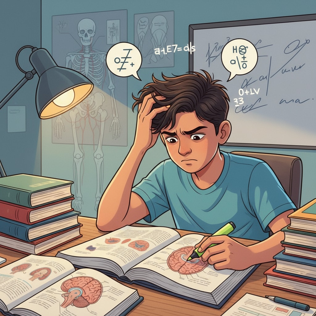 A student with a furrowed brow, looking stressed while studying textbooks for medical exams A stressed high school student studying for medical school entrance exams