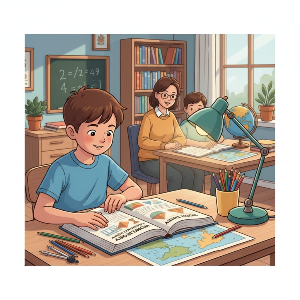 A child using a physical textbook in family education