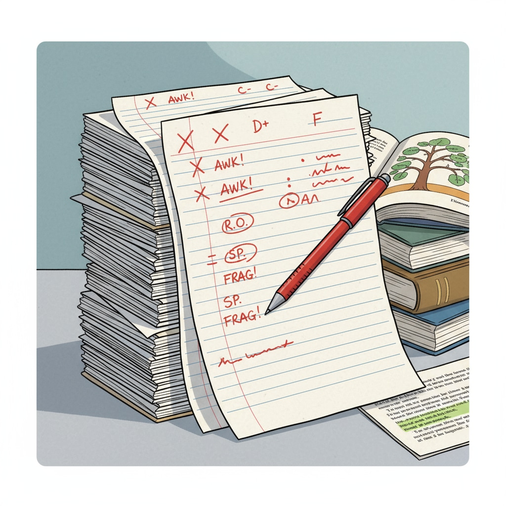 Essays with red marks highlighting the problem in English courses, literary works, and learning experiences