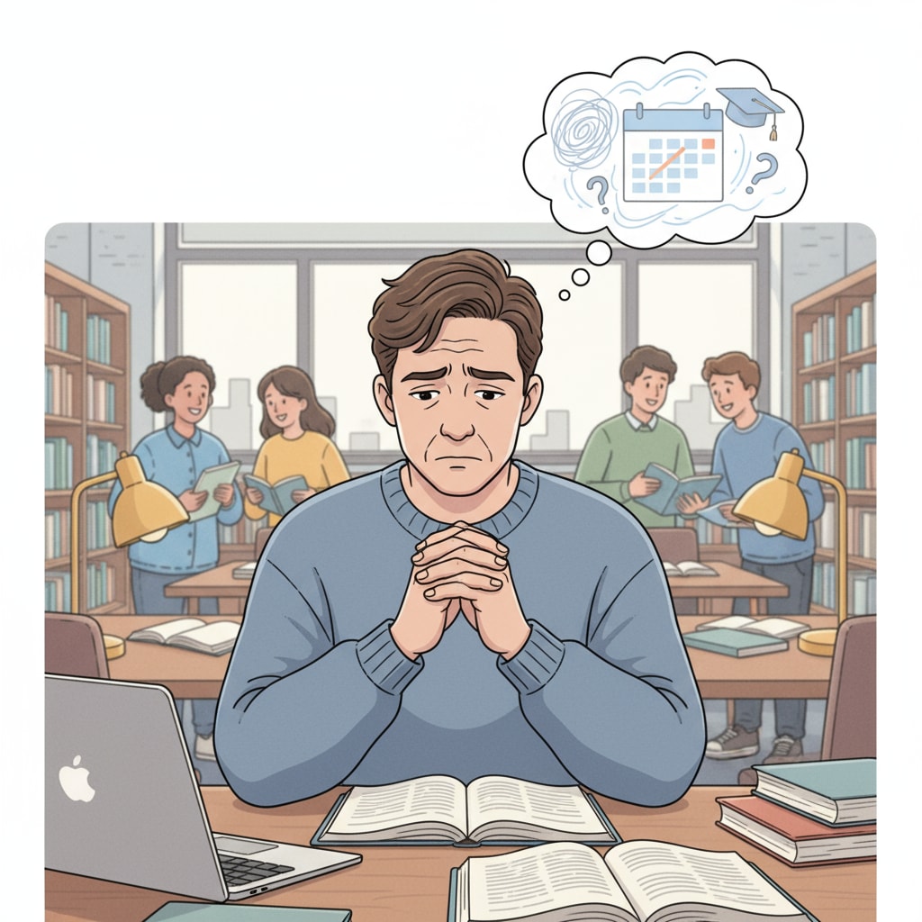 A late college entrant showing signs of age anxiety in a college library setting.