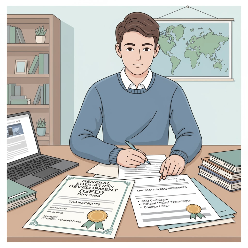 A young adult sitting at a desk, looking at college application materials with GED and high school diploma information. A person considering GED and adult high school diploma for college applications.