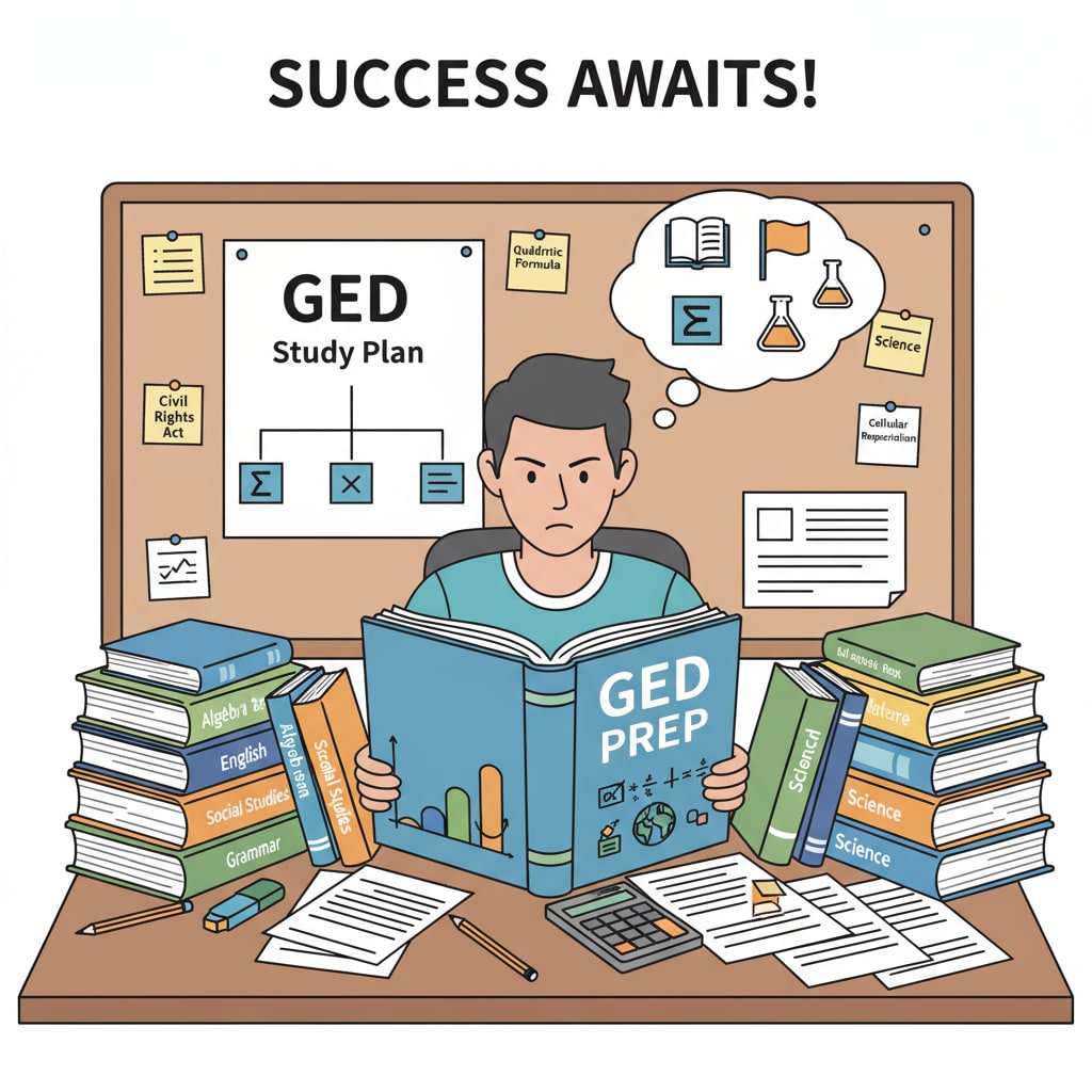 A person studying for the GED exam with books and study materials. Person preparing for the GED exam relevant to college applications.