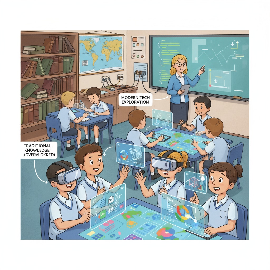 Classroom scene highlighting the potential imbalance between skills and basic knowledge in educational standards, historical knowledge, and civic literacy.