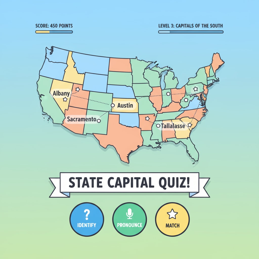 A screenshot of a US state capital learning app, an important educational tool in geography learning.