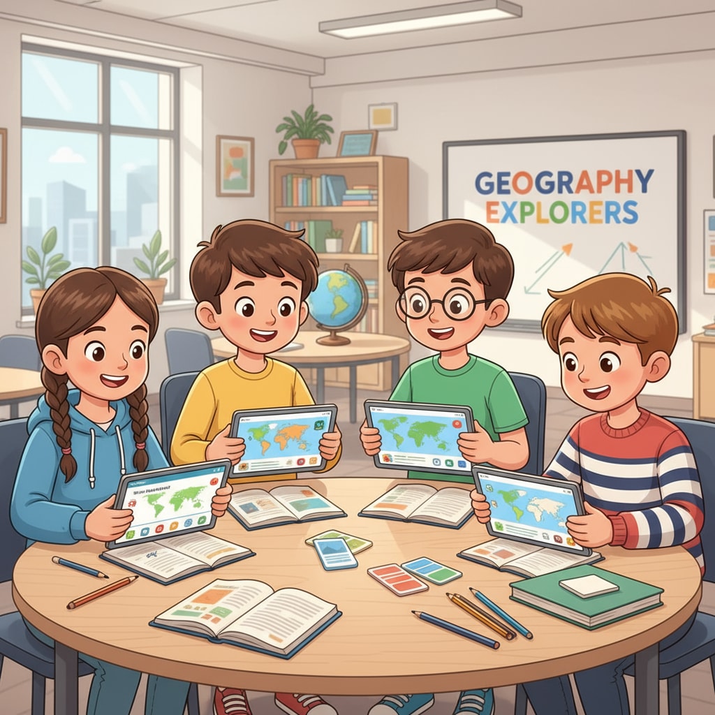 Students using geography learning apps to learn about US state capitals, enhancing their geographical knowledge.